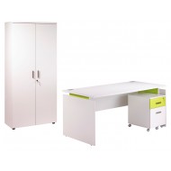 Pack Desk 160 + Pedestal 2 drawers + Tall office cupboard White + Light greenINEO