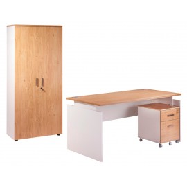 Pack Desk 160 + Pedestal 2 drawers + Tall office cupboard White + Light oak INEO