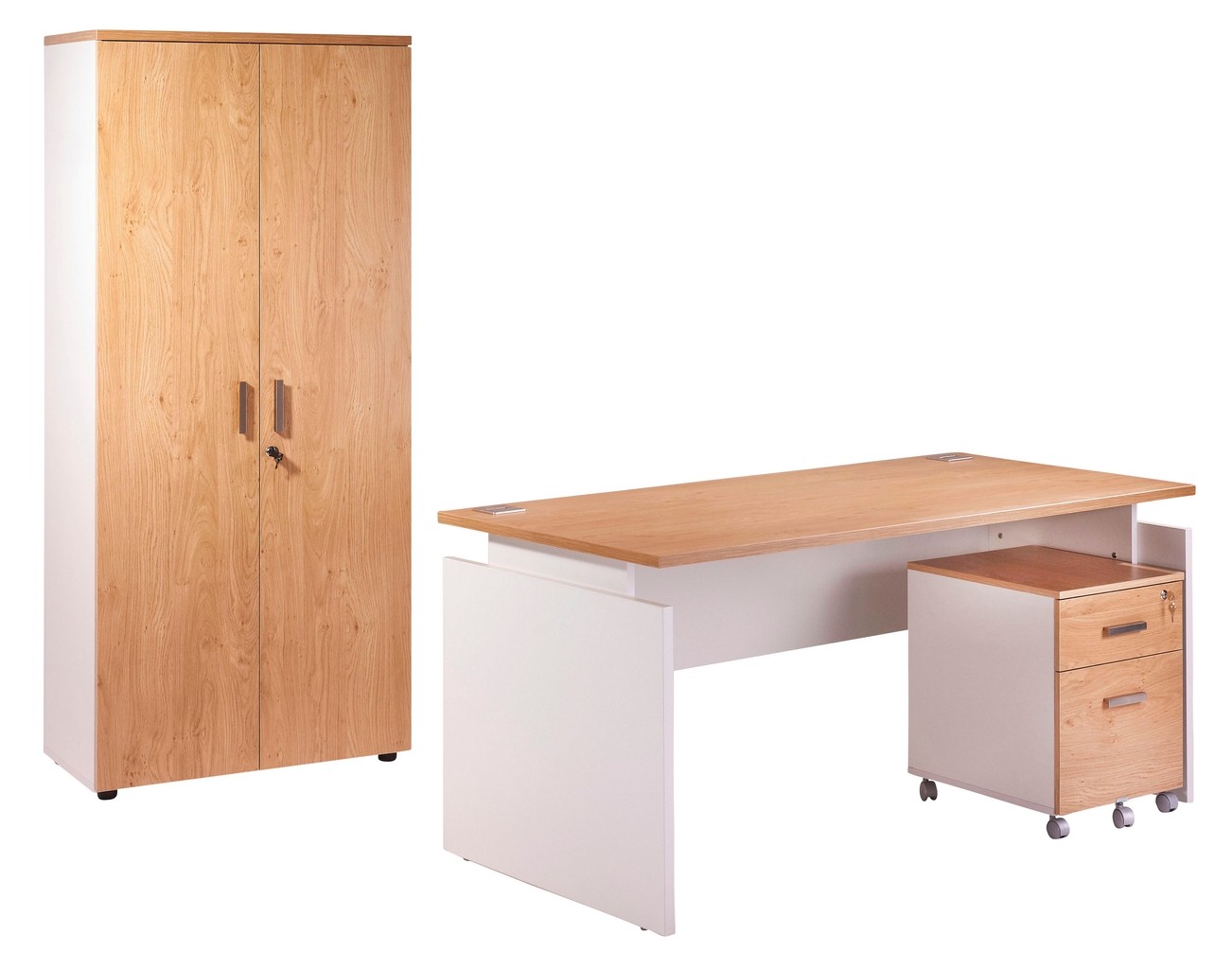 Bureau Blanc Et Chene : Pack bureau 160 caisson 2 tiroirs armoire blanc chêne clair ineo