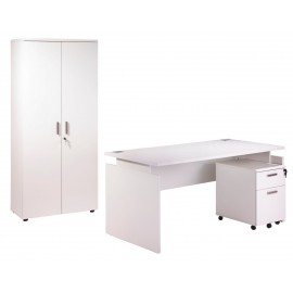 Pack Desk 160 + Pedestal 2 drawers + Tall office cupboard white INEO