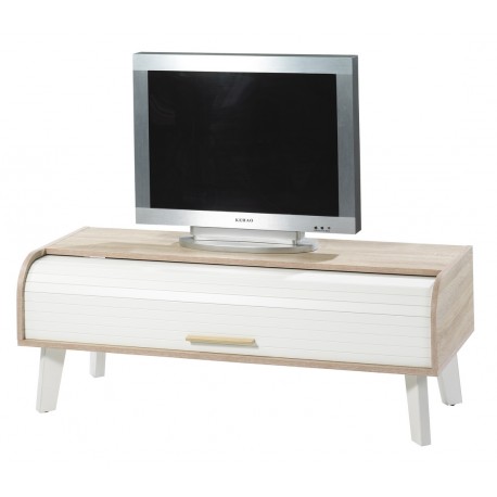 Meuble TV Vintage Chêne 1 Rideau Pieds Blanc