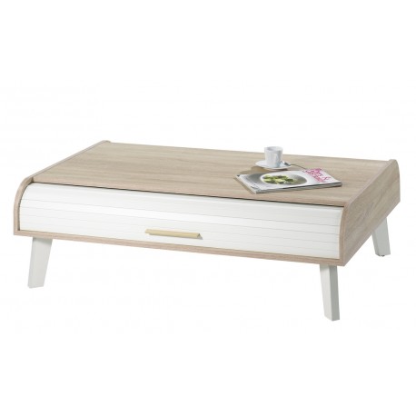 Table Basse Vintage Chêne 2 Rideaux Pieds Blancs